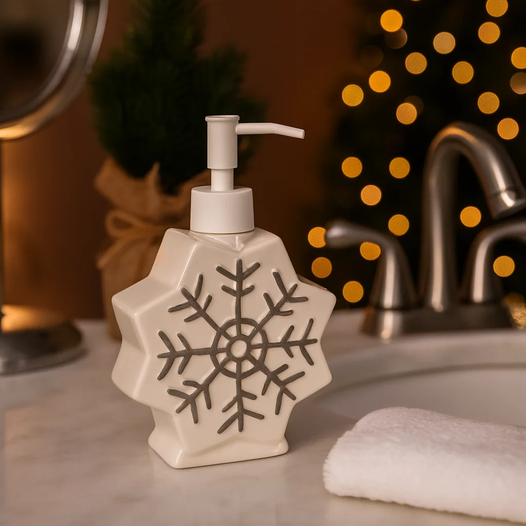 Skymoving Christmas Soap Dispenser Ceramic Lotion Dispenser Snowflakes Lotion Dispenser for Christmas Gifts