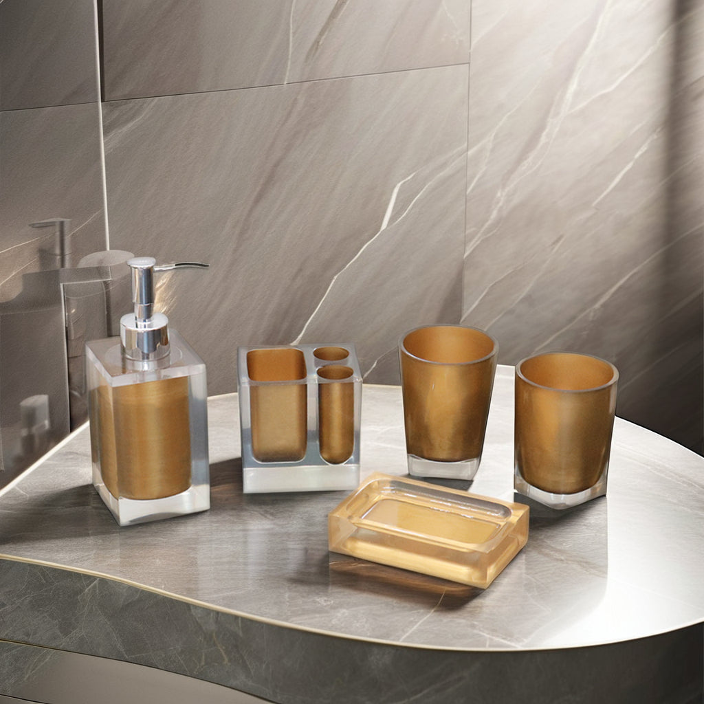 Factory Wholesale 5-Piece Fashionable Bathroom Accessory Set Resin Toothbrush Holder Soap Box Water Cup Dispenser Bottle for