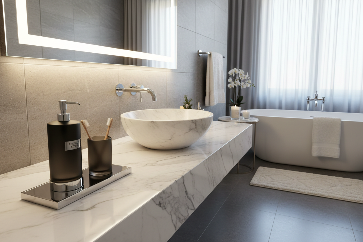 şık lüks bir banyo ve üzerinde çok şık bir sıvı sabuluk